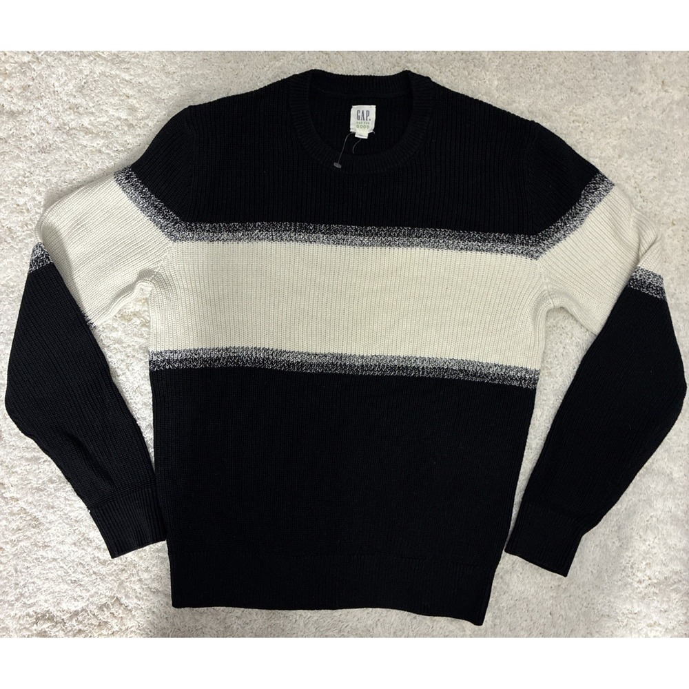 GAP Men's Sweater Black White Stripe Pullover Knit Crewneck Ribbed Size S